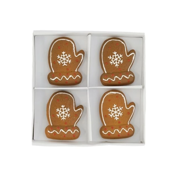Öntapadós mézeskalács kesztyű, poly, 3,8x4,5x0,8 cm, barna, fehér, 4 db