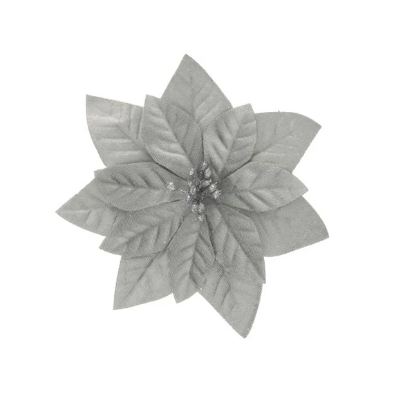 Csipeszes Mikulásvirág, textil, 16 cm, ezüst