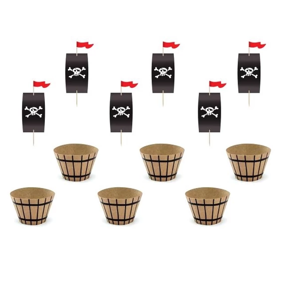 Muffin díszítő készlet, kalózos, papír, barna, fekete, 6 db