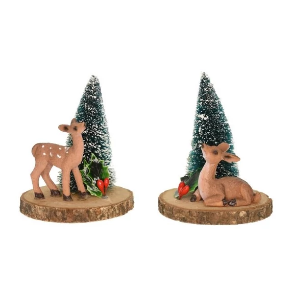 Őz fenyőfával, poly, zöld-barna, 8,6x8,3x10,3 cm, 2 féle