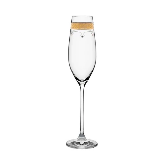 Pezsgős üvegpohár arany szegéllyel és Swarovski kristállyal, 210 ml, átlátszó, 26,3x6,6 cm, 2 db