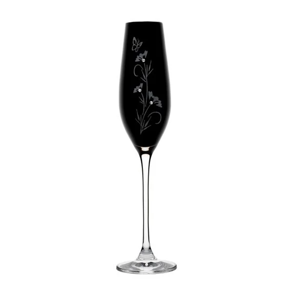 Üveg pezsgős pohár virágmintás Swarovski kristállyal fekete 210 ml 2 db
