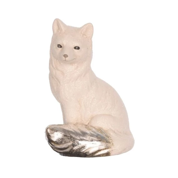 Ülő porcelán róka, fehér-ezüst, 8,2x7,5x12,5 cm