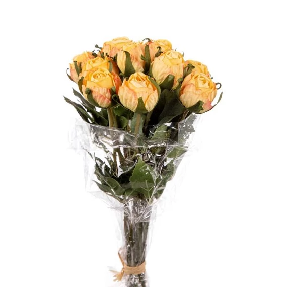 Selyemvirág Rózsa, 12 szálas csokor, műanyag, sárga, 37 cm