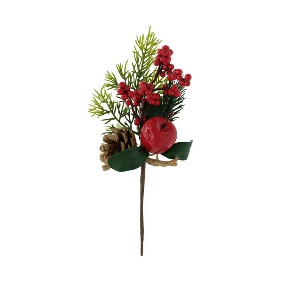 Selyemvirág ág  betűzős, fenyővel, almával, tobozzal, műanyag, 25 cm, zöld, piros
