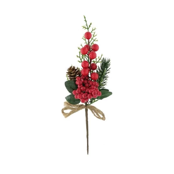 Selyemvirág ág betűzős, fenyővel, bogyóval, tobozzal, műanyag, 25 cm, zöld, piros