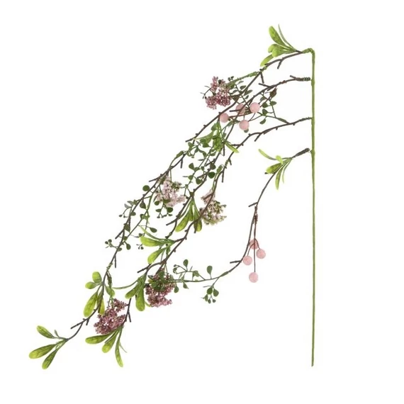 Selyemvirág ág bogyóval, műanyag, 50 cm, rózsaszín és zöld