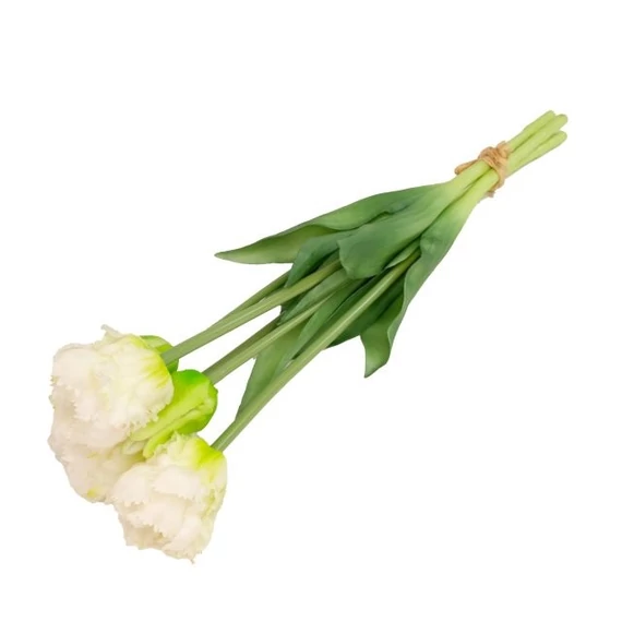 Selyemvirág papagáj tulipán csokor, 5 szálas, gumi, 47 cm, fehér