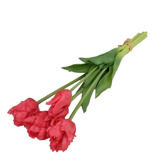 Selyemvirág papagáj tulipán csokor, 5 szálas, gumi, 47 cm, málnapiros