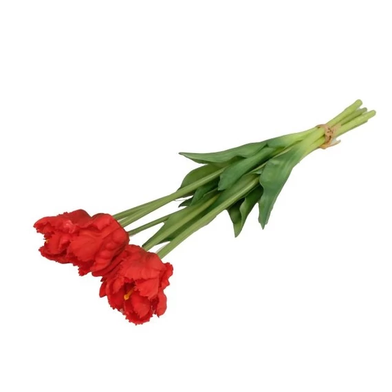 Selyemvirág papagáj tulipán csokor, 5 szálas, gumi, 47 cm, piros