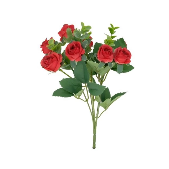 Selyemvirág rózsacsokor eukaliptusszal 32cm piros
