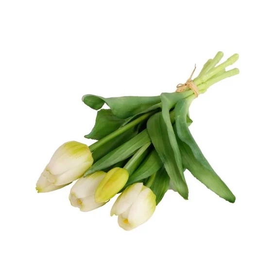 Selyemvirág tulipán csokor, 5 szálas, gumi, 30 cm, fehér