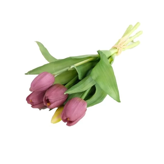 Selyemvirág tulipán csokor, 5 szálas, gumi, 30 cm, lila