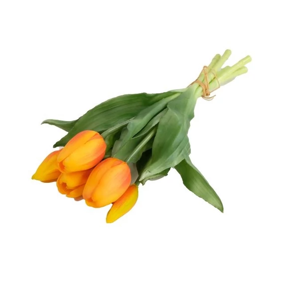 Selyemvirág tulipán csokor, 5 szálas, gumi, 30 cm, narancs