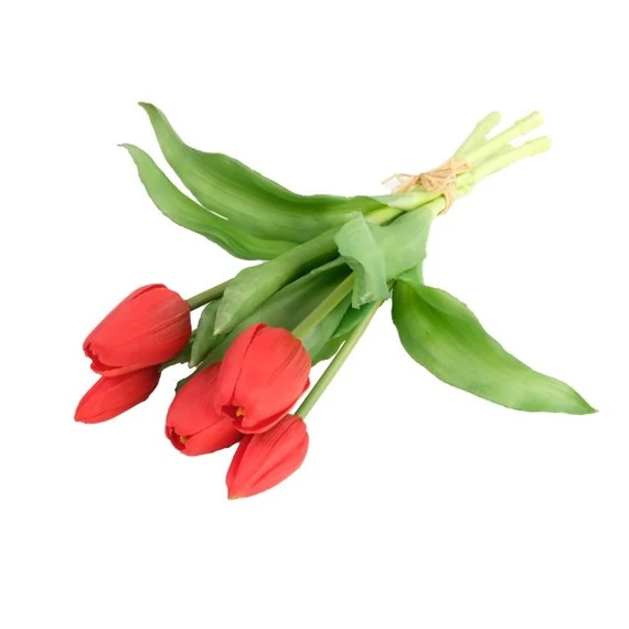 Selyemvirág tulipán csokor, 5 szálas, gumi, 30 cm, piros