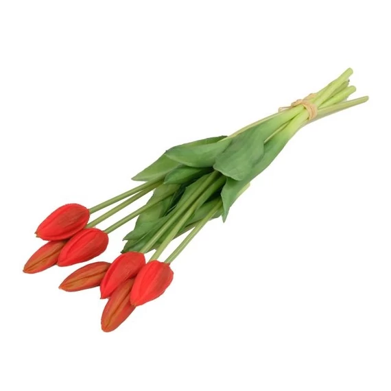 Selyemvirág tulipán csokor, 7 szálas, gumi, 44 cm, piros