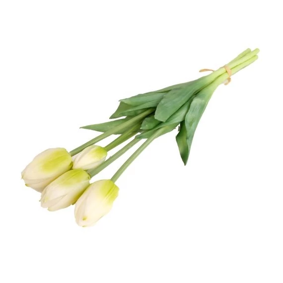 Selyemvirág tulipán csokor, 5 szálas, gumi, 47 cm, fehér