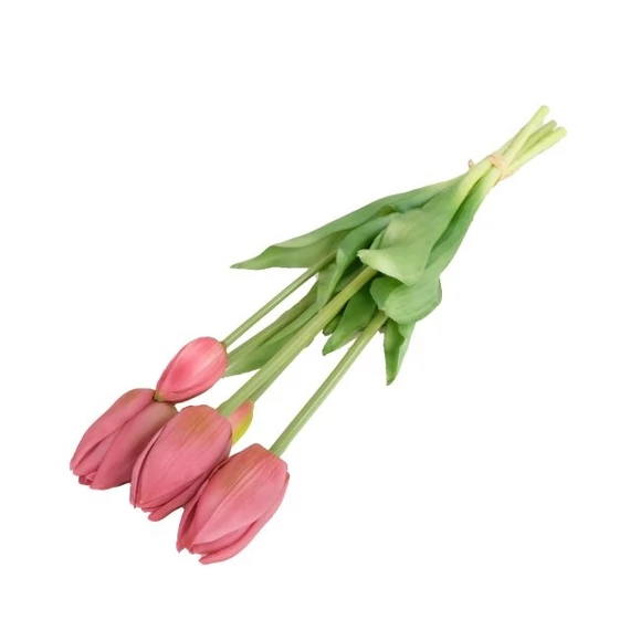 Selyemvirág tulipán csokor, 5 szálas, gumi, 47 cm, lila
