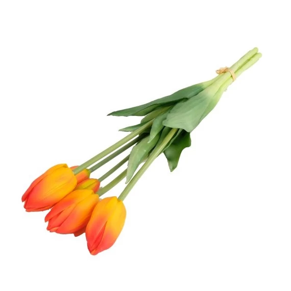 Selyemvirág tulipán csokor, 5 szálas, gumi, 47 cm, narancs