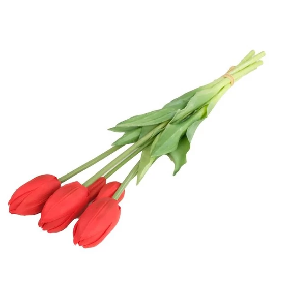Selyemvirág tulipán csokor, 5 szálas, gumi, 47 cm, piros