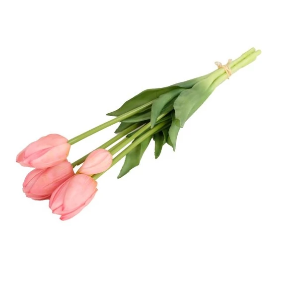 Selyemvirág tulipán csokor, 5 szálas, gumi, 47 cm, rózsaszín