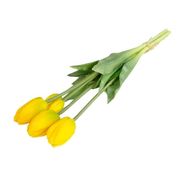 Selyemvirág tulipán csokor, 5 szálas, gumi, 47 cm, sárga