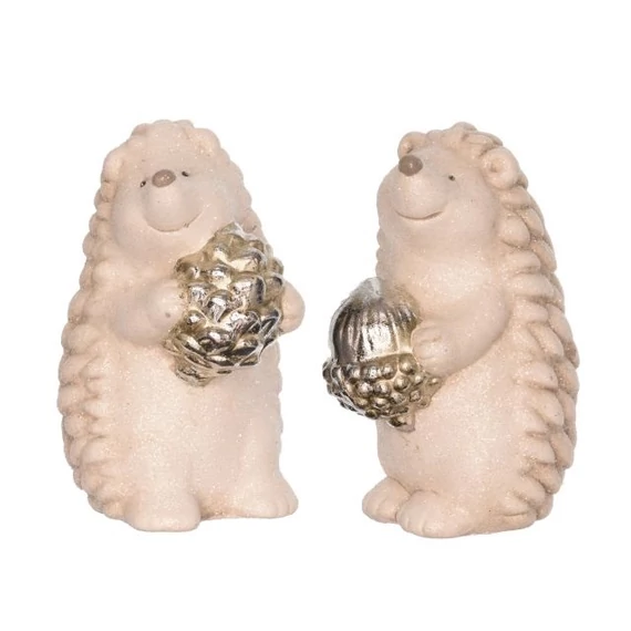 Porcelán sün tobozzal és makkal, fehér-ezüst, 8,6x7x12 cm, 2 féle