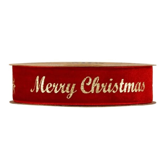 Szalag "Merry Christmas" bársony 25 mm x 10 m piros, arany