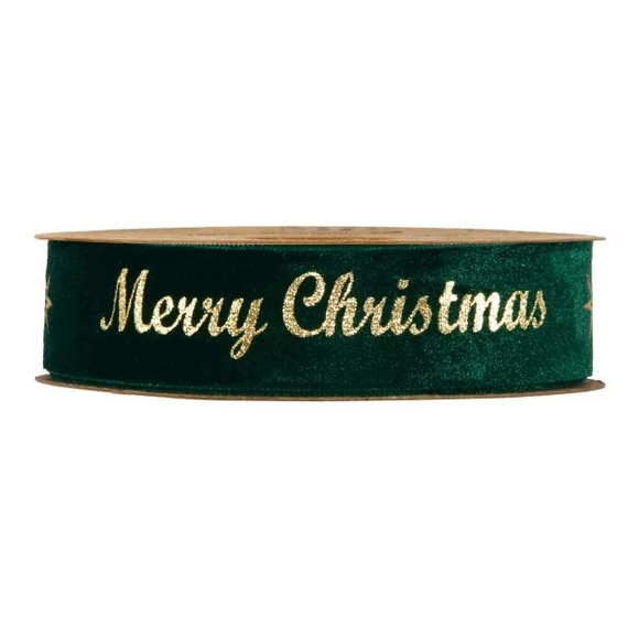 Szalag "Merry Christmas" bársony 25 mm x 10 m zöld, arany