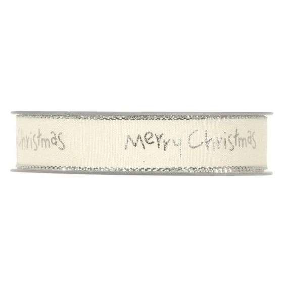 Textil szalag "Merry Christmas" felirattal, 20 mm x 20 m, krém, ezüst