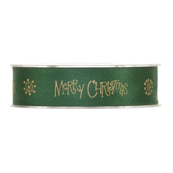 "Merry Christmas" felirattal, textil szalag, 25 mm x 15 m, zöld