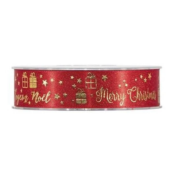 Textil szalag "Merry Christmas" felirattal, 25 mm x 20 m, piros-arany