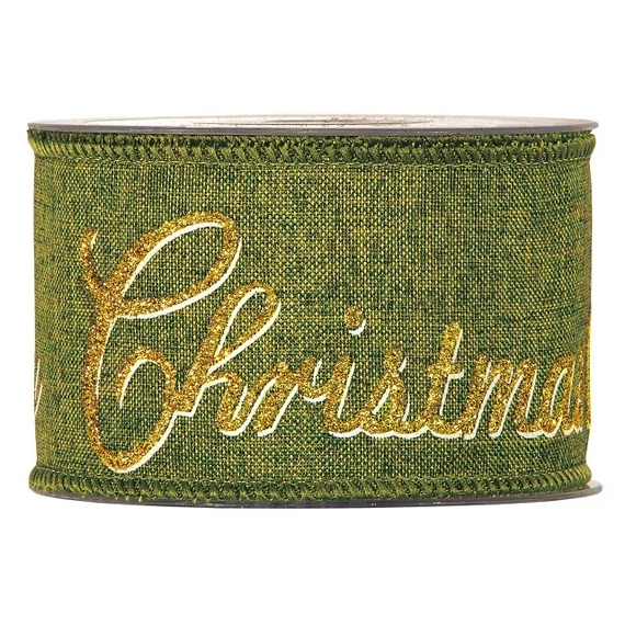 Textil szalag "Merry Christmas" felirattal, 63 mm x 10 m, zöld, arany