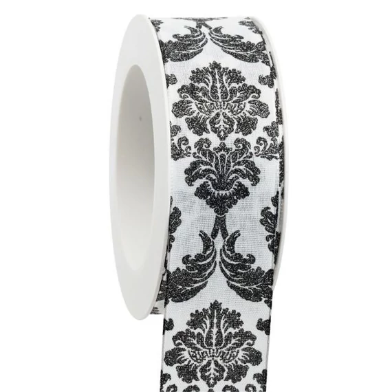 Barokk mintás szalag, textil, 40 mm x 18 m, fehér és fekete