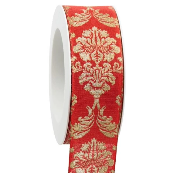 Barokk mintás szalag, textil, 40 mm x 18 m, piros és arany
