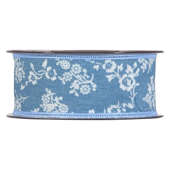 Farmer hatású virágos textil szalag, 40 mm x 15 m, világoskék