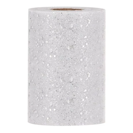 Tüll szalag, glitteres, ezüst, 14 cm x 50 m