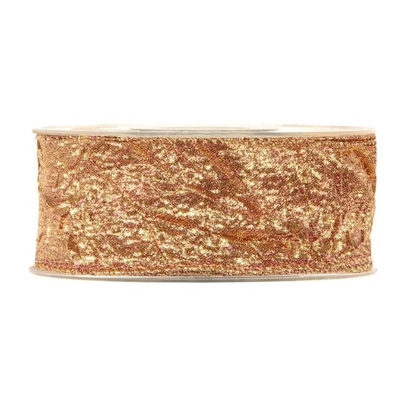 Gyűrt, csillogós textil szalag, 40 mm x 10 m, arany, bordó