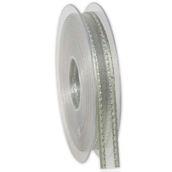 Organza szalag, textil, 15 mm x 20 m, zöld és ezüst