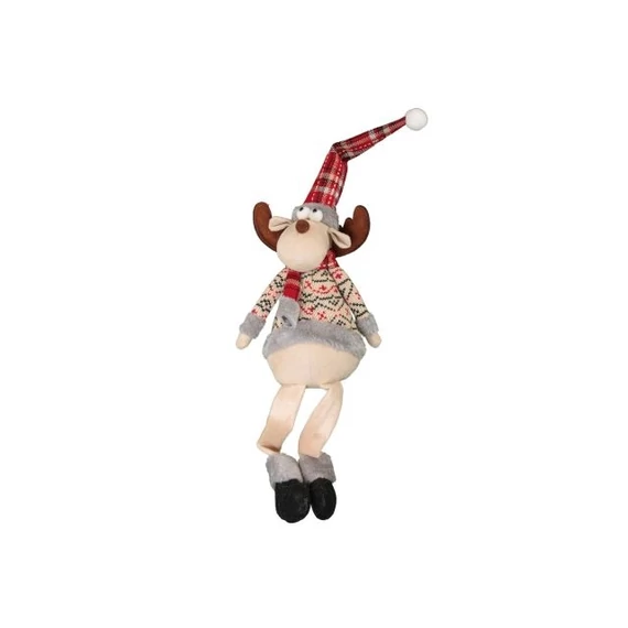 Lógólábú szarvas sapkában textil 60 cm, bézs, piros