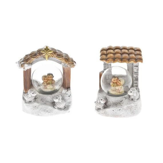 Szent Család rázógömbben bárányokkal poly fehér-barna 6x8x9 cm 2 féle