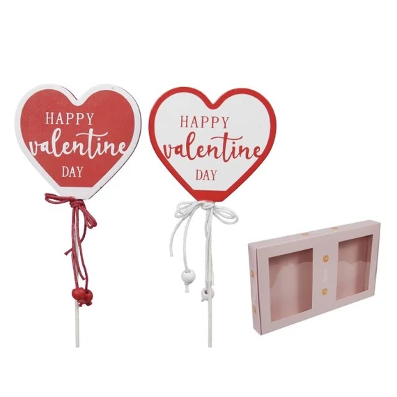 Szív „Happy Valentine Day” felirattal fa betűzős piros, fehér 7×6,5 cm (12 db)