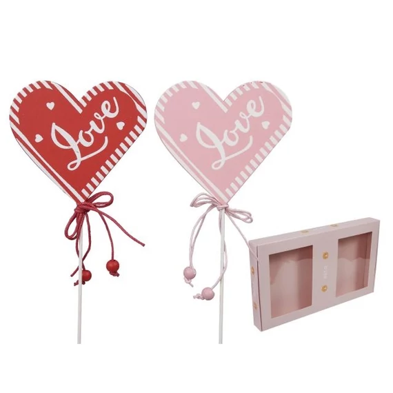 Szív „Love” felirattal fa betűzős piros, rózsaszín 8×7 cm (12 db)