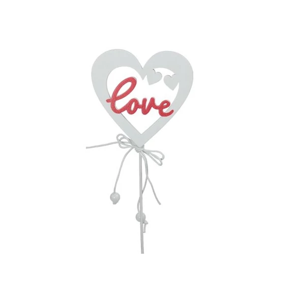 Betűzős fa szív kis szívvel és "Love" felirattal, fehér-piros, 7,5×7,5 cm, 12 db