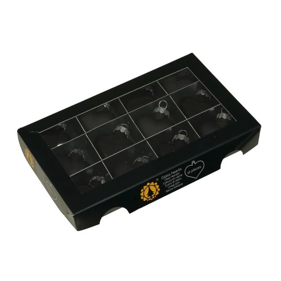 Üveg szív, 4 cm, black, 12 db