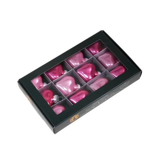 Üveg szív, 4 cm, pink opal, 12 db
