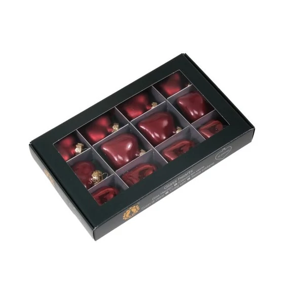 Üveg szív, 4 cm, ruby, 12 db