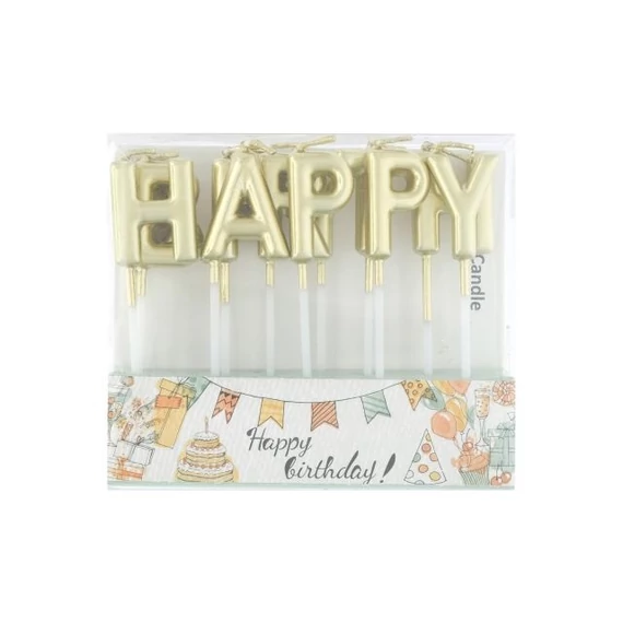 Szülinapi gyertya "Happy Birthday" paraffin 2,5 cm arany 13 db
