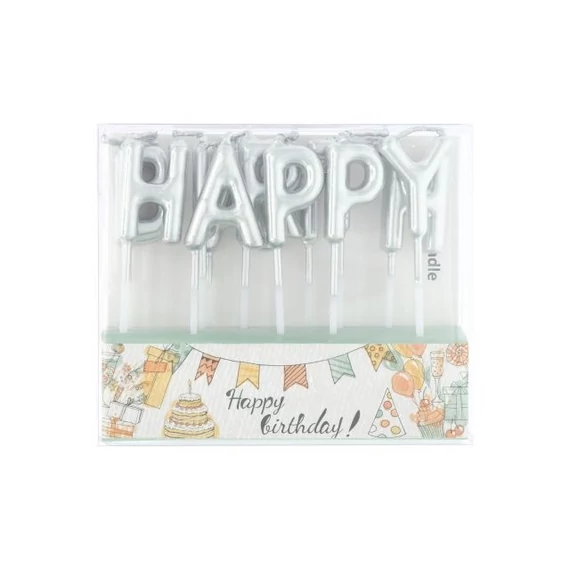 Szülinapi gyertya "Happy Birthday" paraffin 2,5 cm ezüst 13 db