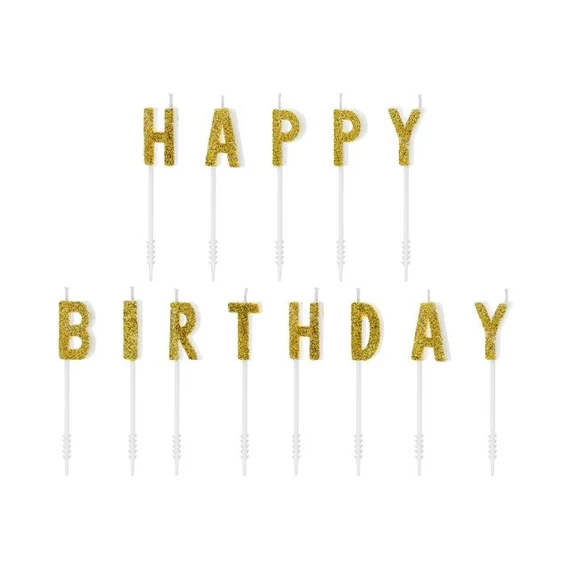 Szülinapi gyertya "Happy Birthday" paraffin 2,5cm arany,fehér 13 db